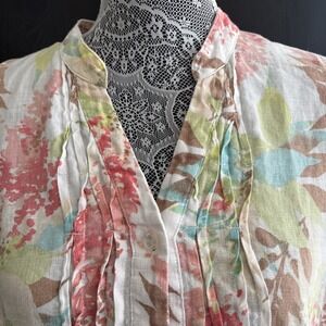 JM Collection Floral Linen V Neck Pleated Princess Seam Size 14